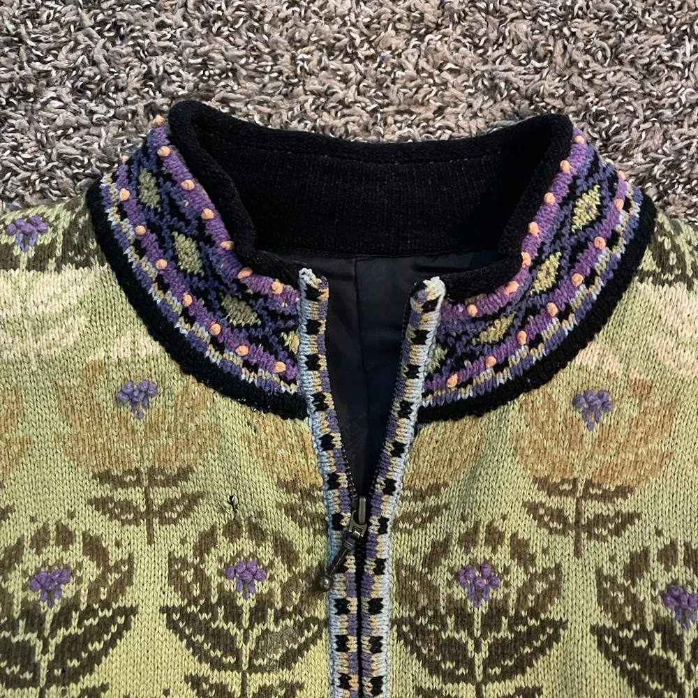 Vintage Icelandic Designs Wool Jacket Green Purple Floral Cottagecore Whimsey‎
